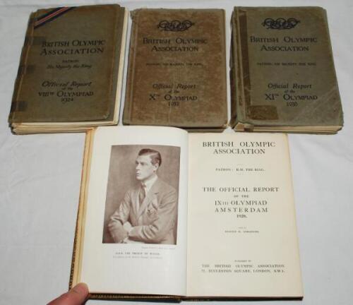 Olympics. British Olympic Association official reports 1924-1936. Four official reports for the Olympics held in Paris 1924, Amsterdam 1928, Los Angeles 1932, and Berlin 1936. The 1928 report bound in full leather, gilt to all pages edges. British Olympic