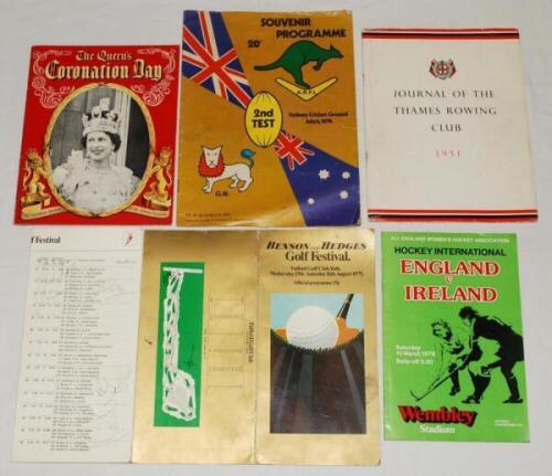 Sporting programmes and brochures. Official folding card programme for the Benson and Hedges Golf Festival, York 1975, signed in pencil by thirteen players including Doug Sanders, Jack Newton, Howard Clark, Eamonn Darcy, Graham Marsh etc. Also 'Journal of
