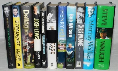 Signed sporting autobiographies. Eleven hardback titles with good dustwrappers, each signed by the author/ subject. A.P. McCoy (horse racing, signed to label laid down), Lizzie Armistead (cycling), Lawrence Dallaglio, Josh Lewsey, Bill Beaumont (rugby uni