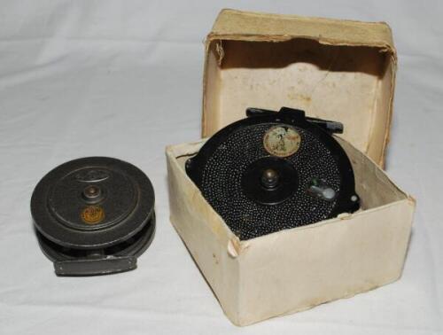 Fishing. Two fishing reels, an 'Intrepid' 3.5&quot; fly reel by K.P. Morritt Ltd, and a 'Major' 4.5&quot; trotting reel by Mordex Precision Industries of Sheffield. Dates unknown, possibly 1960s/1970s. Both appear to be in working order. Sold with a large
