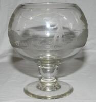 Fishing. A fine large nineteenth century (c.1885) glass Stourbridge bowl on baluster stem and circular platform foot, wheel engraved with a scene of a gentleman fishing, wearing a top hat. Approx. 9&quot; tall, 8&quot; diameter. Light scratches/ wear to 