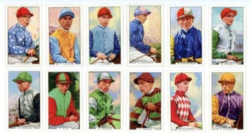 Horse racing cigarette cards. 'Famous Jockeys' 1936. Gallaher Ltd, London. Full set of forty eight cigarette cards, blue print to verso. VG