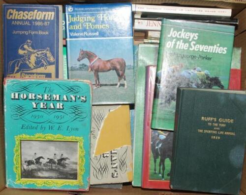 Horse racing form guides, biographies and reference books 1940s-1990s. Box comprising twenty seven titles relating to horse racing. Titles include 'The Horseman's Year', edited by W.E. Lyon for 1946/47 and 1950/51. Both hardbacks with dustwrappers with we