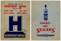 Tommy Farr v Max Baer and Peter Sarron v Harry Mizler 1937. Official programme for the contest held at Harringay Arena, 15th April 1937. Soiling to wrappers, rusting to staples, otherwise in good condition - boxing<br><br>Tommy Farr and Petey Saffron won 