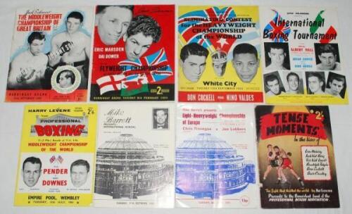 Boxing programmes 1954-1972. Seven official programmes. Contests are Gordon Hazell v Johnny Sullivan, Harringay Arena 14th September 1954, Eric Marsden v Dai Dower, Harringay Arena 8th February 1955, Don Cockell v Nino Valdes, White City 13th September 19