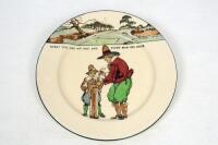 Royal Doulton 'Golfing series' 1911-1932. A large dinner plate, decorated to face in colour with cavalier figures (Charles Crombie) playing golf with inscription 'Every dog has his day, and every man his hour'. Colour golf course border to top border of p