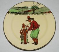 Royal Doulton 'Golfing series' 1911-1932. A large dinner plate, decorated to face in colour with cavalier figures (Charles Crombie) playing golf with inscription 'He hath a good judgement who relieth not wholly on his own'. Colour golf course border to to
