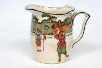 Royal Doulton 'Golfing series' 1911-1932. A squat jug, decorated in colour with cavalier figures (Charles Crombie) playing golf with inscription 'Give losers leave to speak and winners to laugh'. Colour golf course border to top border of jug. 5&quot; tal