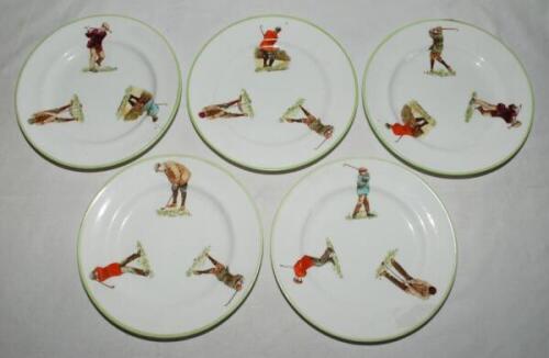 Alfred B. Pearce of London. Golf Series. Collection of five golfing side plates, each with three figures of golfers in action with light green rims. Each plate different. Makers stamps and reg 480949 to base. 6.75&quot; diameter. Hairline crack to edge o