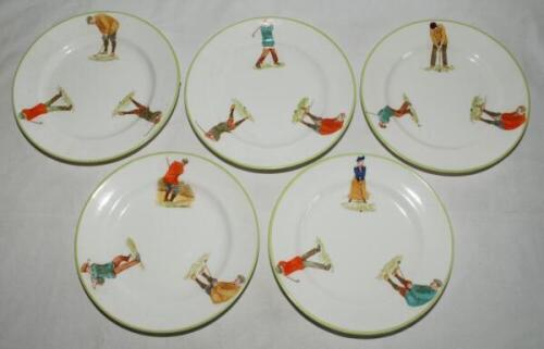 Henry Williamson &amp; Son of Longton. Golf Series. Collection of five golfing side plates, each with three figures of golfers in action with light green rims. Each plate different. Makers stamps and reg 480949 to base. 7&quot; diameter. Good condition - 