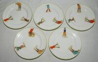 Henry Williamson &amp; Son of Longton. Golf Series. Collection of five golfing side plates, each with three figures of golfers in action with light green rims. Each plate different. Makers stamps and reg 480949 to base. 7&quot; diameter. Good condition - 