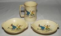 Royal Winton Grimwades Mug with Whimsical Golfers Golf Scene tankard and two similar sized but different ashtrays all with humorous golf scenes to sides. c1940's. The tankard measure 4&quot; tall and the ashtrays around 4.5&quot; diameter. Royal Winton Gr