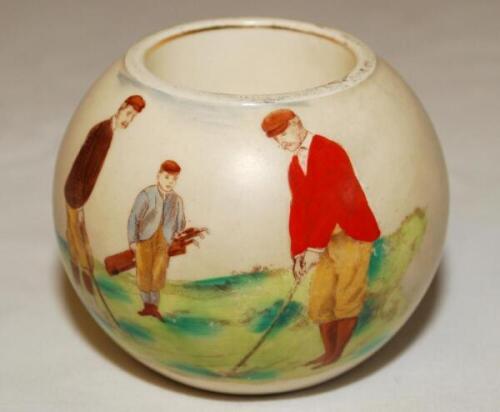 Carltonware, Stoke stoneware circular match holder c.1906 printed with a colour illustration of two men playing golf and caddy. Maker's stamp to base with registration no. 333948. 2.5&quot; tall. VG. Rare - golf