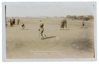 Golf Open Championship, Hoylake, Liverpool, 23rd &amp; 24th June 1913. Rare original sepia real photograph postcard of a group of players on the green at Hoylake. The player in the foreground is annotated in ink with 'X' and the inscription to verso state