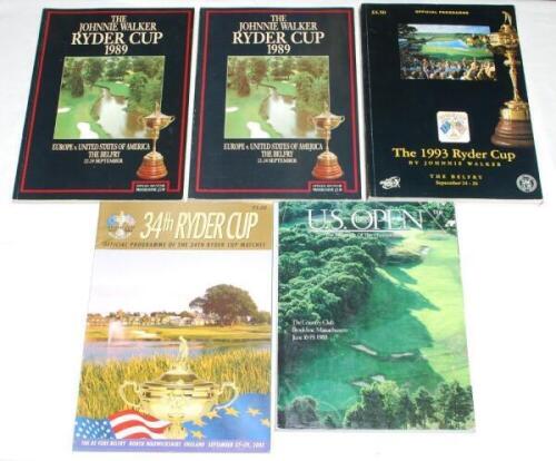 Ryder Cup. Europe v United States 1989-2002. Four official programmes for tournaments held at The Belfry 1989 (two copies), 1993 and 2001 (postponed to 2002). Sold with an official programme for the U.S. Open held at Brookline, Massachusetts 1988, and two