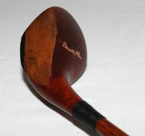 Donald J. Ross. Pinehurst U.S.A. 'Spoon driver' c.1920. Maker's stamp for 'Donald J. Ross' to crown. Brass plate to sole. Hickory shaft with leather grip. Very good condition - golf<br><br>Donald Ross was born in Scotland and served as an apprentice at St