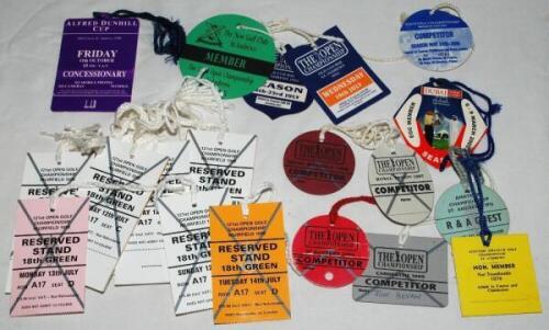 Open Championship entrance badges 1976-2003. A selection of official competitors' and entrance card badges with cord ties. Includes competitors' badges for Royal Troon 1997, Royal Birkdale 1998, Carnoustie 1999, St. Andrews 2000, also member's and two oth