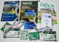 The Open Championship. St. Andrews 2010. Folder comprising a selection of ephemera from the 2010 Championship including official admission badges to the Practice Ground, Guest admission to Club Marquee, two guest weekly admission tickets, player's course 