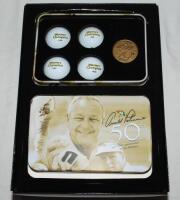 'Arnold Palmer 50th Appearance at the Masters' 2016. Callaway tin comprising four golf balls and commemorative medal in original presentation box. Each ball stamped with the year in which Palmer won the U.S. Masters, 1958, 1960, 1962 and 1964. Some wear t