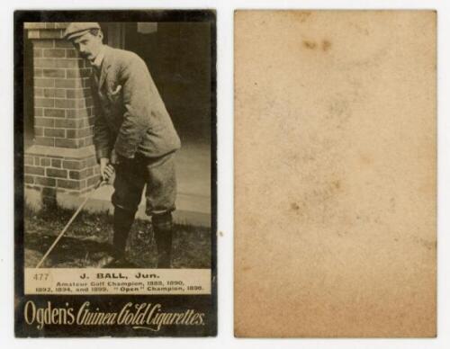 Ogden's 'Guinea Gold' 1901 Golf Base I cigarette card. Series no. 477, J. Ball Jun. 'Amateur Golf Champion 1888, 1890, 1892, 1894, and 1899. &quot;Open&quot; Golf Champion 1890'. Larger type to lower border. Minor soiling to verso, otherwise in very good 