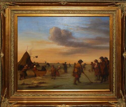 'Golfers on Ice'. Patrick Wong. Large modern original oil painting on canvas after the original 'Golfers on the Ice near Haarlem' by Adriaen van der Velde. The canvas measures 36&quot;x30&quot;, framed in ornate gilt frame, overall 49&quot;x42&quot;. A go