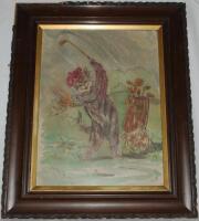 'Golfing Cat'. Louis Wain. c.1920. Original watercolour of a large-eyed cat wearing a red cap, playing a left-handed shot on the fairway, a bag of clubs to the side. Signed by the artist. The artwork measures 16&quot;x21&quot;, framed in contemporary deco
