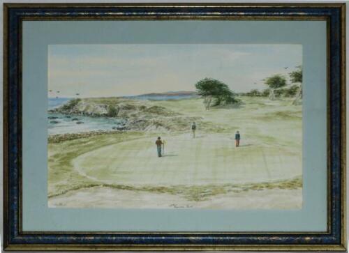 '17th Cypress Point'. Ned Field. c.1980. Original watercolour of golfers on the green at the seventeenth hole at Cypress Point golf course, California. Signed by the artist. 13.5&quot;x9.5&quot;. Mounted, framed and glazed, overall 17.5&quot;x13.5&quot;. 