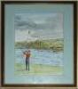 '9th Turnberry'. Ned Field. 1990. Original watercolour of a golfer playing over the water towards the lighthouse at Turnberry in Scotland. Signed and dated by the artist. 11.5&quot;x16&quot;. Mounted, framed and glazed, overall 17.5&quot;x21.5&quot;. G/VG