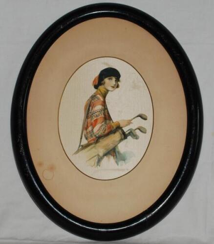 Golf portraits c.1920. A very attractive pair of original portraits painted on silk, each of a lady, three quarter length. One lady is depicted with a golf bag hanging from her shoulder. Artist unknown. Both set in oval mounts, framed in black oval frames