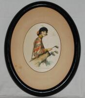 Golf portraits c.1920. A very attractive pair of original portraits painted on silk, each of a lady, three quarter length. One lady is depicted with a golf bag hanging from her shoulder. Artist unknown. Both set in oval mounts, framed in black oval frames