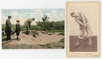 'Mr. John D. Dunn bunkered- Golf Links, Hardelot, pres Boulogne-sur-Mer' c.1910. Original colour postcard of Dunn playing a bunker shot with a boy caddy and one other looking on. Printed details of the Hardelot course to verso. Valentine series. VG. Sold 