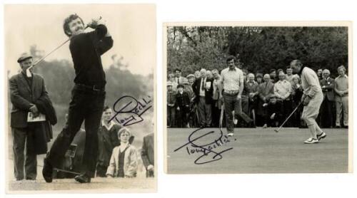 Tony Jacklin c.1970. Two original mono press photographs, one of Jacklin playing an iron shot off the fairway (Associated Sports Photography), the other looking on as Max Faulkner narrowly misses a putt (Evening Mail, Slough). Both photographs boldly sign
