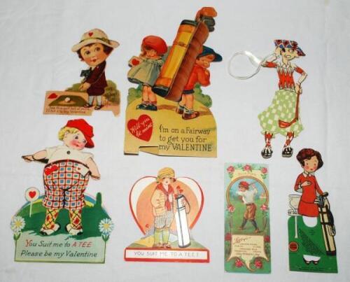 Golf valentine cards 1910s/1920s. Four cut out valentine cards, a bookmark, and two tally cards/ place cards, each depicting Victorian style illustrations of youthful or humorous golfers. The bookmark by Libby's Food Products, tally card by Lucky Strike c