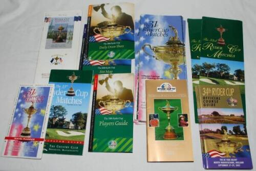 Ryder Cup and golf yardage books. Grey box file comprising a good selection of Ryder Cup course guides, players' guides, travel planner, spectator guides, site maps, daily draw sheets etc. for tournaments held 1991-2006. Some duplication. Also over thirty