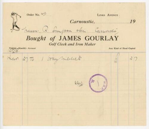 'James Gourlay. Golf Cleek and Iron Maker'. Rare original receipt dated 27th March 1925, issued by Gourlay to Messrs. R. Simpson &amp; Son, Carnoustie, for the sale of a niblick golf club. Light folds, otherwise in good condition - golf