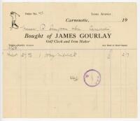 'James Gourlay. Golf Cleek and Iron Maker'. Rare original receipt dated 27th March 1925, issued by Gourlay to Messrs. R. Simpson &amp; Son, Carnoustie, for the sale of a niblick golf club. Light folds, otherwise in good condition - golf