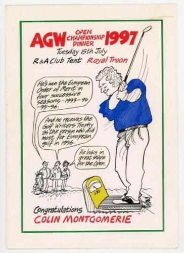 A.G.W. [Association of Golf Writers] Open Championship Dinner 1997. Official folding menu for the dinner held at the R&A Club Tent, Royal Troon, 15th July 1997. The front with colour cartoon by Roy Ullyett depicting Colin Montgomerie, winner of the Europe