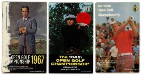 The Open Championship 1967, 1975 and 1977. Three official programmes for tournaments held at Hoylake (12th- 15th July 1967), Carnoustie (9th - 12th July 1975) with draw sheet for 10th July, and Turnberry (6th- 9th July 1977) with draw sheet for 8th July. 