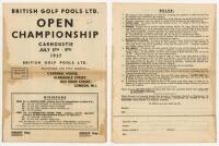 The Open Championship 1937. Rare original British Golf Pools Ltd. folding entry form sheet for the tournament held at Carnoustie, 5th- 9th July 1937. Some staining, otherwise in good condition - golf