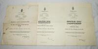 Amateur Golf Championships 1962, 1969 and 1971. Three official drawsheets for the tournaments played 11th- 16th June 1962 at Hoylake, 9th- 14th June 1969 at Hoylake, and 31st May- 5th June 1971 at Carnoustie. The 1962 and 1971 sheets with handwritten anno
