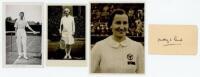 Tennis. Don Budge and Dorothy Round 1930s. Mono real photograph plain back postcard of Budge standing full length at the net, signed in ink to the photograph by Budge and dated '1937-38'. Publisher unknown. Also a mono real photograph postcard of Dorothy 