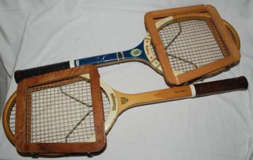 Slazenger tennis rackets 1960s/1970s. Two original wooden tennis rackets, one a Slazenger 'Queen's', the other a Slazenger 'Victory'. Both size 'Medium', each with original wooden press/ clamp. G/VG - tennis