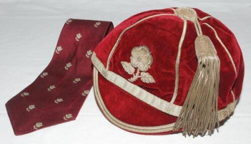 James William George Webb (also known as Bob). Northampton R.F.C. &amp; England 1926-1929. England International red quartered velvet cap with trimming in gilt metal to edges, quarters, peak and tassel with England emblem of the rose to front awarded to W