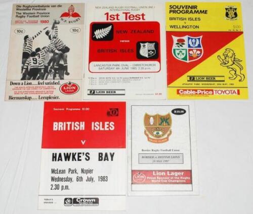 British Lions tours 1980-1997. Five official programmes for tour matches played in South Africa and New Zealand. Matches are British Lions v Western Province, Newlands, Cape Town 5th July 1980 (British Lions won 37-6), v Wellington, Athletic Park 25th May