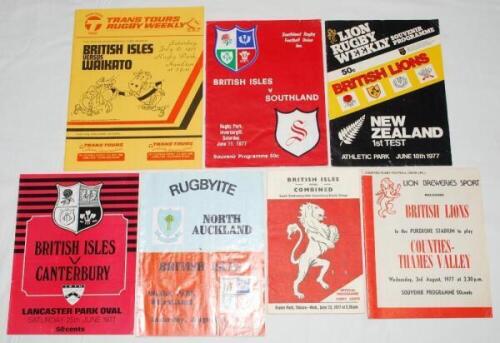 British Lions tour to New Zealand 1977. Seven official programmes for tour matches played on the 1977 tour. Matches are v Southland, Invercargill 11th June 1977 (won 20-12), v New Zealand, 1st Test, Wellington 18th June 1977 (lost 12-16), v Combined (Sout