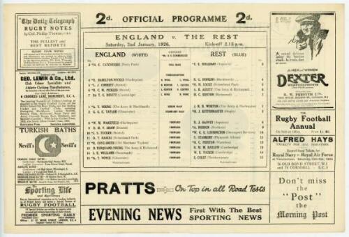 England v The Rest 1926. Official programme for the International Trial match played at Twickenham on the 2nd January 1926. Odd minor faults otherwise in very good condition - rugby