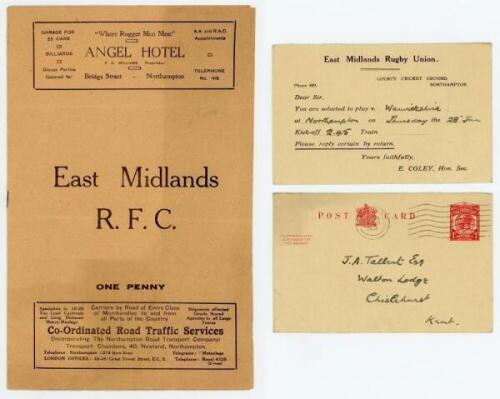 East Midlands Rugby Football Club 1937. Official match programme for East Midlands v Warwickshire, Northampton, 28th January 1937. Sold with an original postcard inviting J.A. Tallent (Blackheath) to play in the match for East Midlands. Creasing to the po