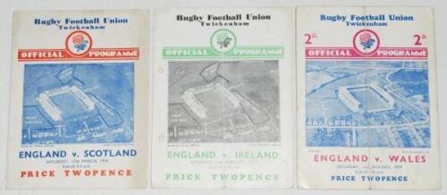 England home international programmes 1934-1939. Three official programmes for matches played at Twickenham. Matches are England v Scotland 17th March 1934 (England won 6-3), v Ireland 9th February 1935 (England won 14-3), and v Wales 21st January 1939 (E