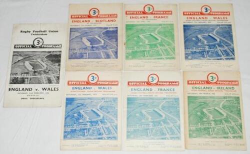 England home international programmes 1946-1952. Seven official programmes for matches played at Twickenham. Matches are England v Wales 23rd February 1946 (Wales won 3-0), v Scotland 15th March 1947 (England won 24-5), v France 19th April 1947 (England w