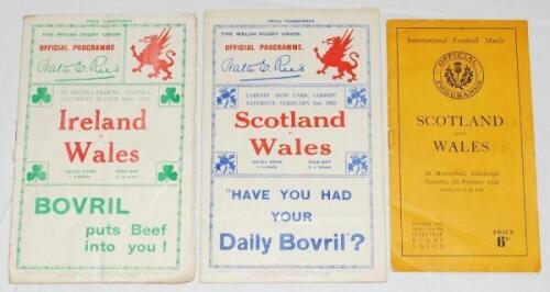Wales international programmes 1934-1949. Three official programmes for Home International matches. Wales v Ireland, Swansea 10th March 1934 (Wales won 13-0), Wales v Scotland, Cardiff 2nd February 1935 (Wales won 10-6), and Scotland v Wales, Murrayfield 